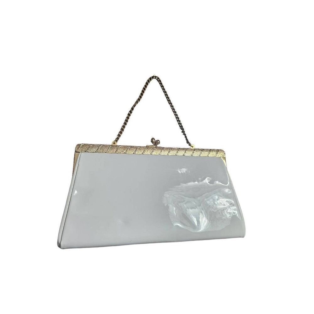 Ande White Patent Leather Gold Trim Vintage Clutch Metal Clasp Chain Strap